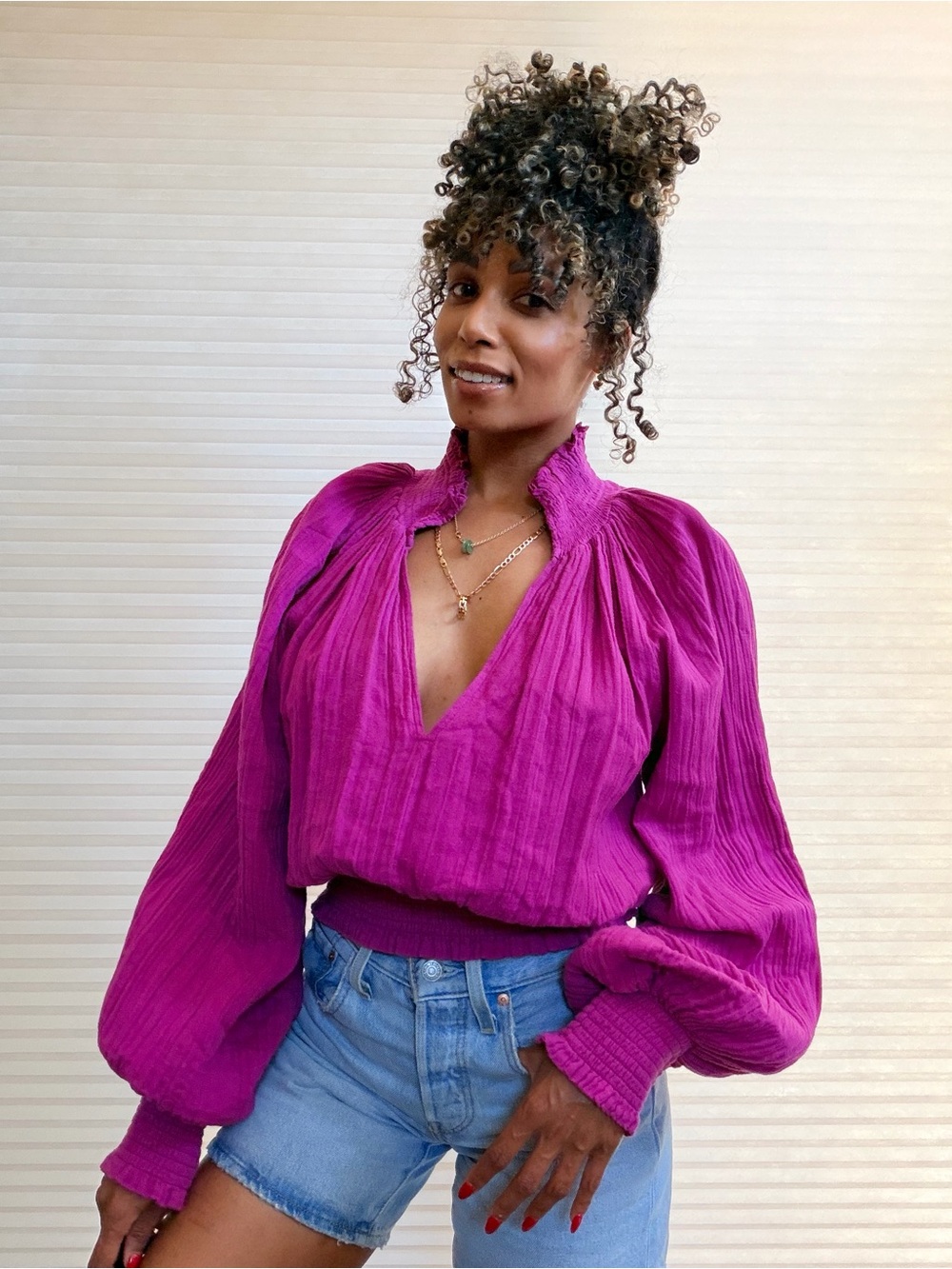Vacate The Label Fuchsia Cotton Gauze Smocked Boho Blouse
